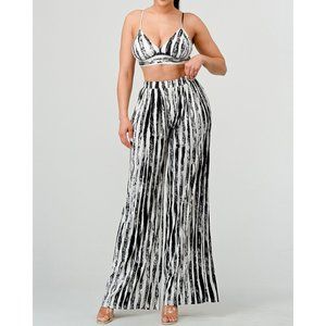 LUXE PAINT STRIPE PRINT BRALETTE & PANTS SET - BLACK & WHITE